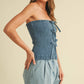 FRONT BOW DETAILED DENIM SMOCKED STRAPLESS TOP