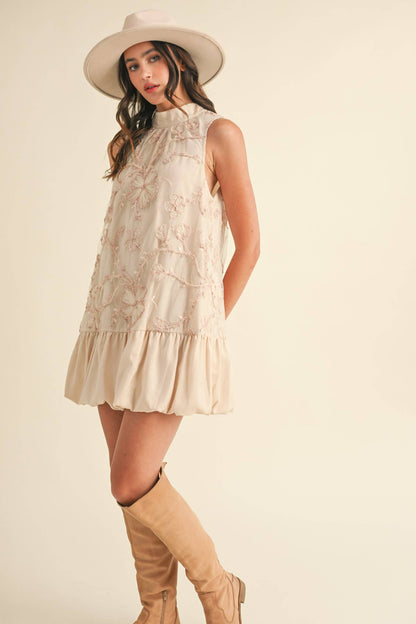 BUBBLE HEM EMBELLISHED MIXED MEDIA MINI DRESS