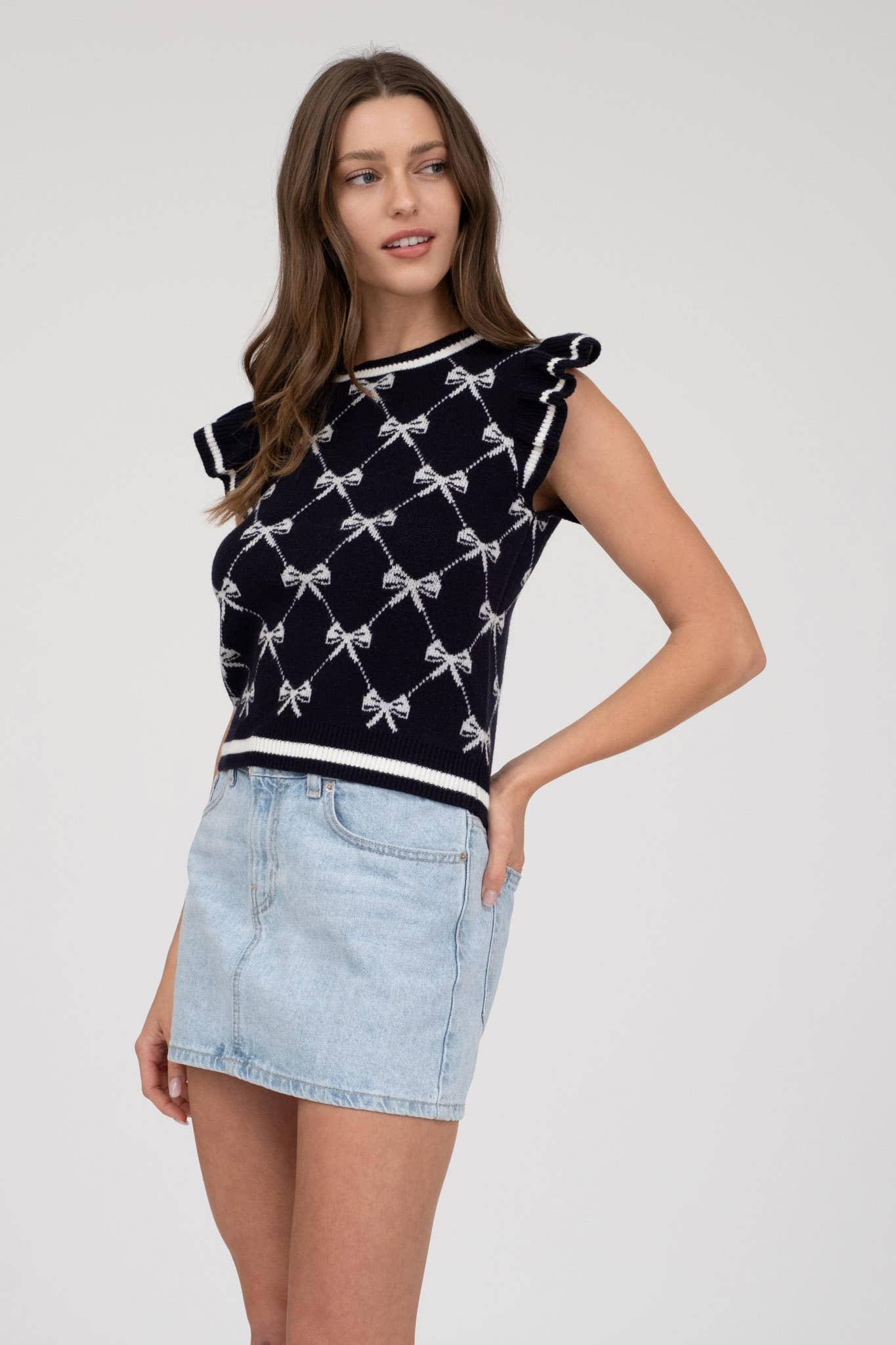 BOW PATTERN RUFFLE SLEEVE SWEATER KNIT TOP - Southern Sassy Boutique