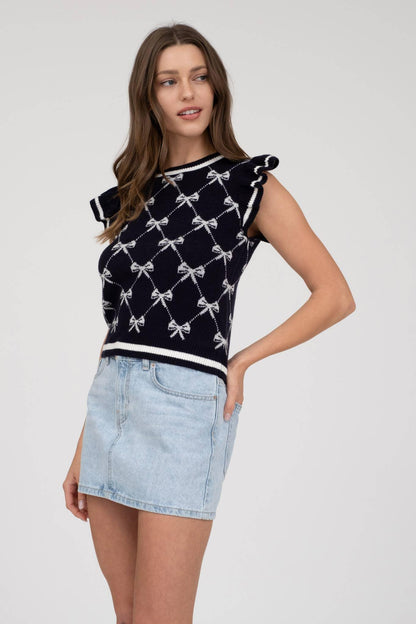 BOW PATTERN RUFFLE SLEEVE SWEATER KNIT TOP - Southern Sassy Boutique