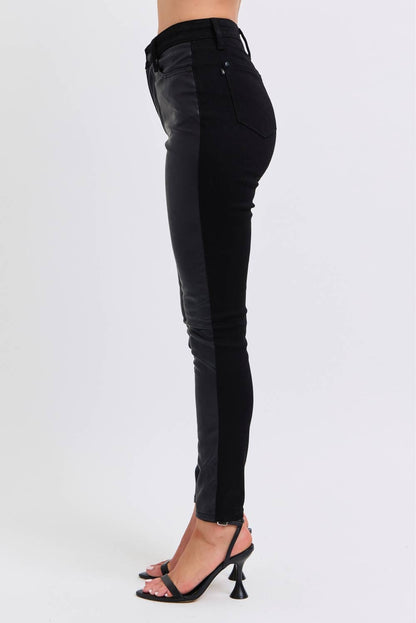 High Waisted Faux Leather & Denim Skinny