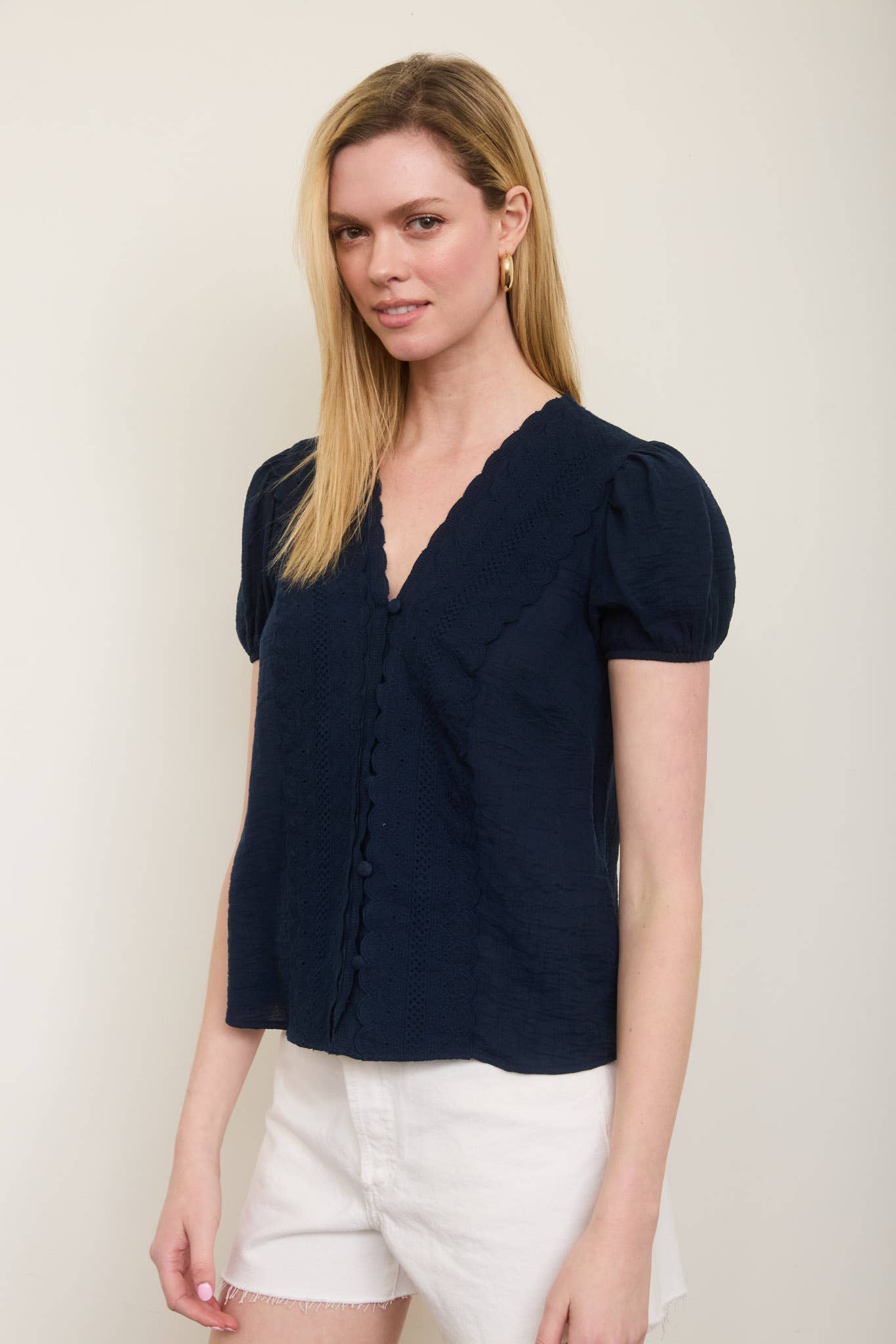 PLUS SCALLOP TRIM V NECK EDGE LACE BUTTON DOWN TOP