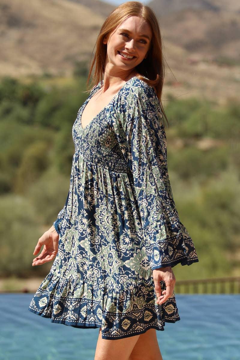 V NECK SMOCKED BUST WIDE BELL SLEEVE PRINTED DRES