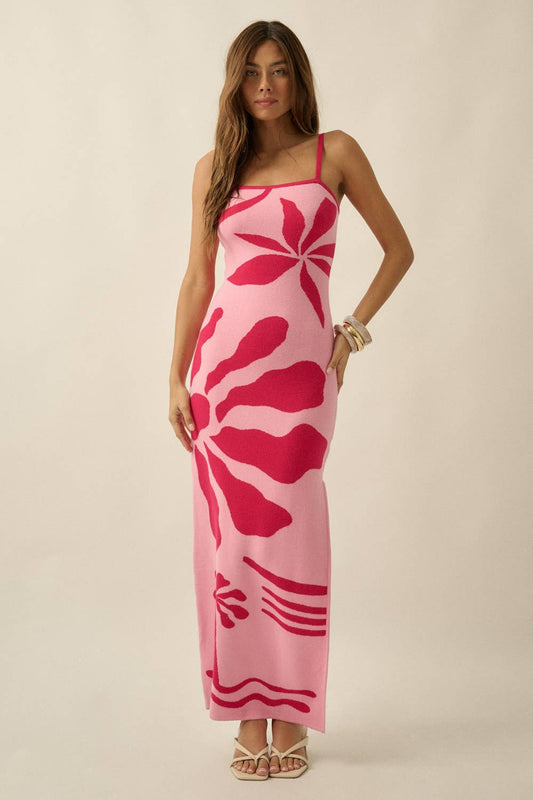 Tropical Floral Jacquard-Knit Maxi Cami Sweater Dress