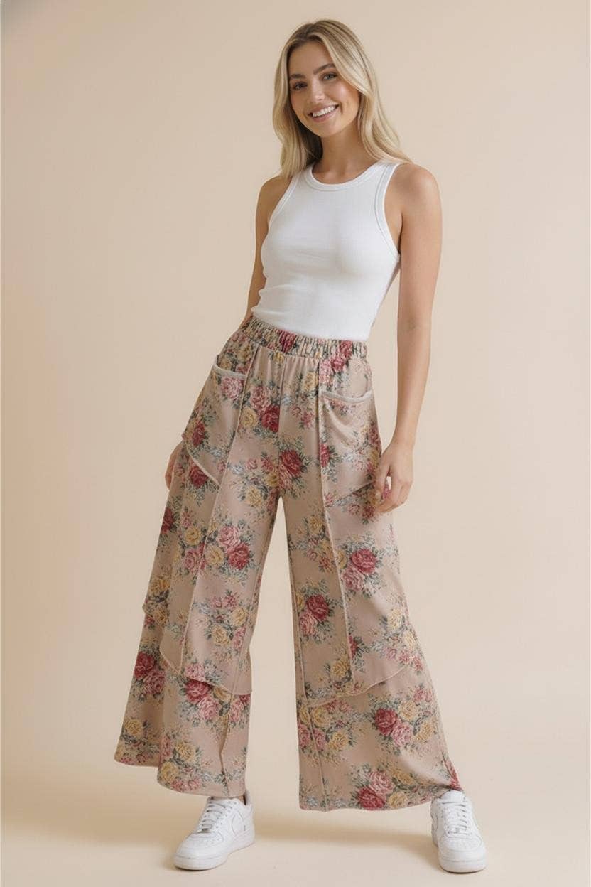 Elastic Waist Wide Leg Vintage Floral Pant
