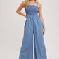 DENIM SMOCKED STRAP WIDE LEG JUMPSUIT