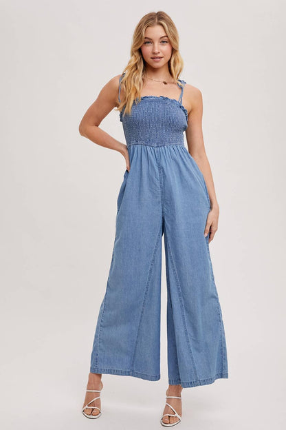 DENIM SMOCKED STRAP WIDE LEG JUMPSUIT - Southern Sassy Boutique