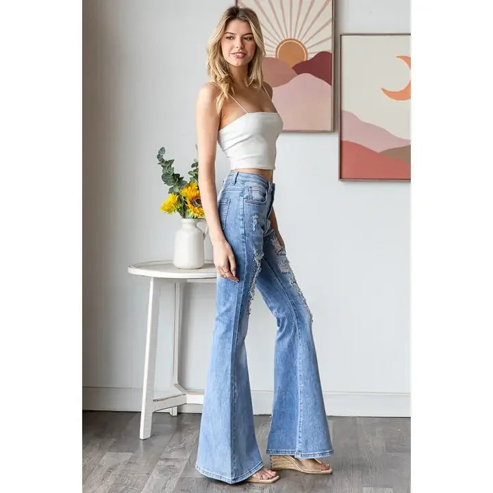 Stretchy Flare Studded Denim - Southern Sassy Boutique
