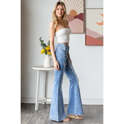 Stretchy Flare Studded Denim - Southern Sassy Boutique