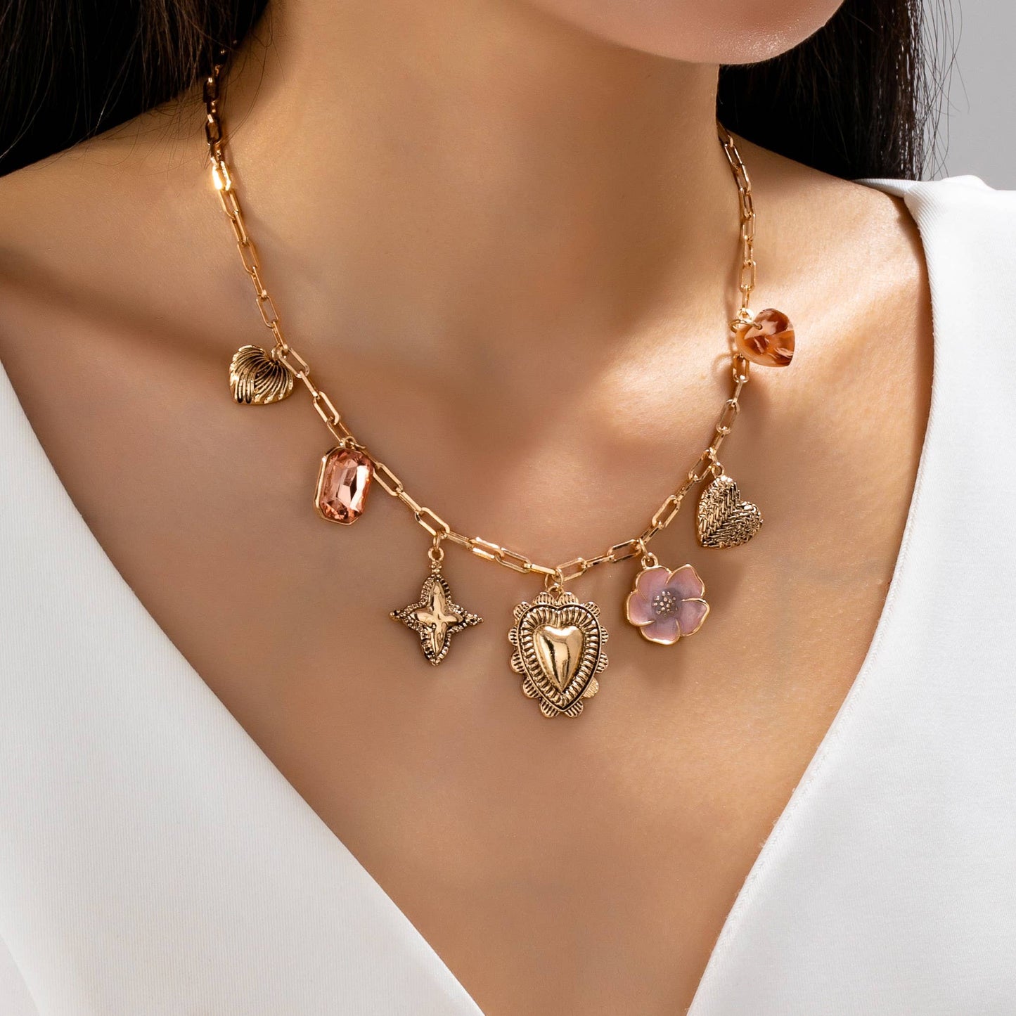 Heart and Flower Charm Necklace