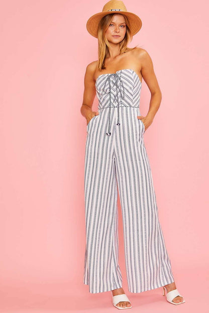 Strapless Front Cross Tie Stripe Jumpsuit
