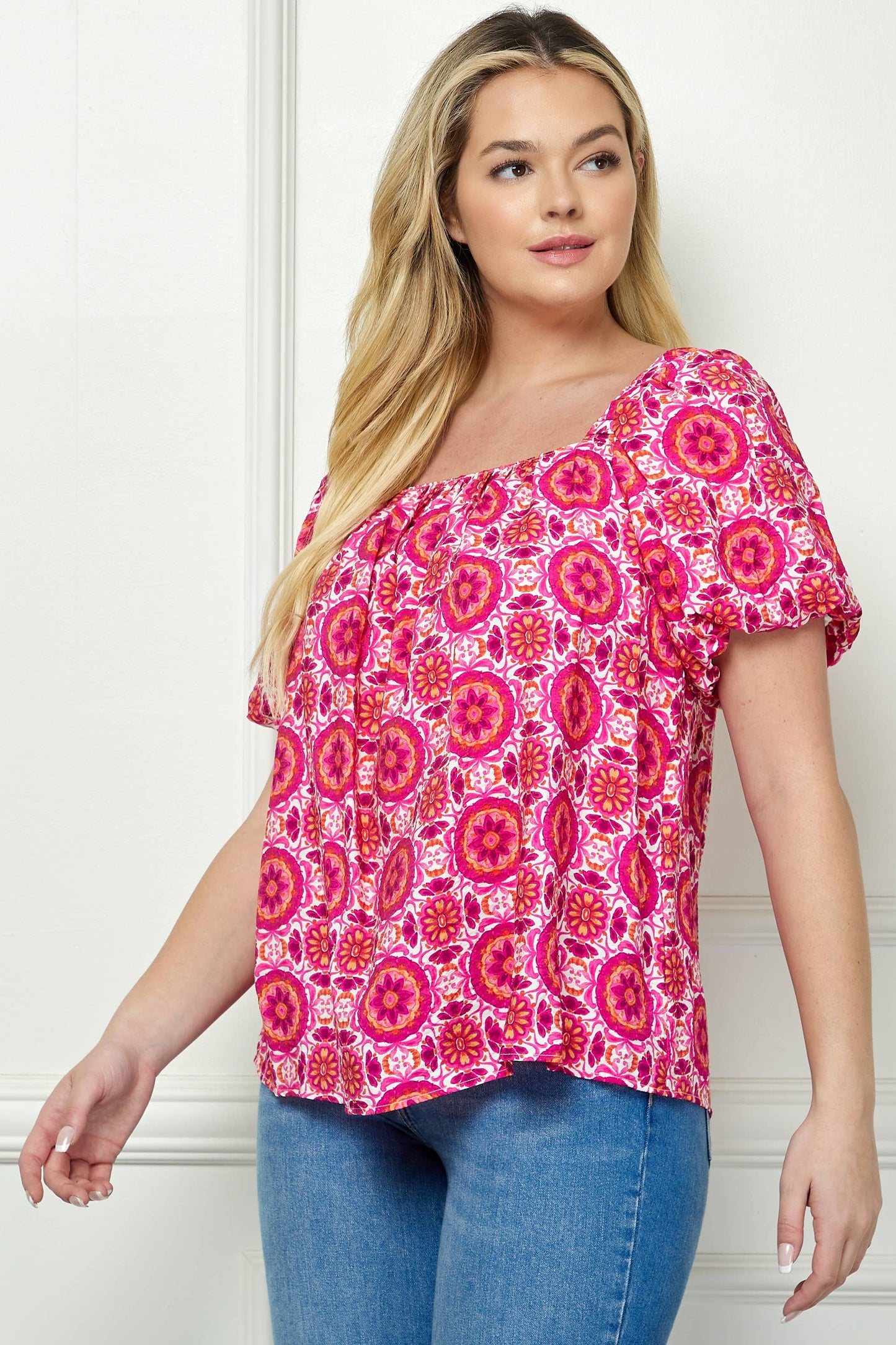 Curvy Bubble Sleeve Trapeze Blouse