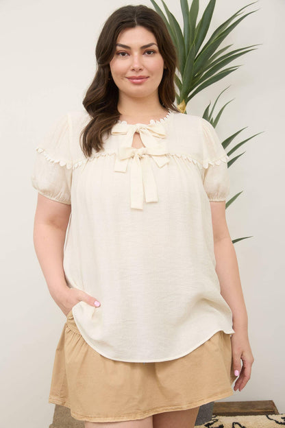 PLUS SCALLOP TRIM FRONT TIE DETAIL PUFF SLEEVE TOP - Southern Sassy Boutique