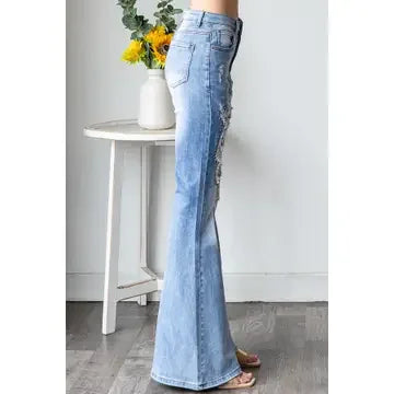 Stretchy Flare Studded Denim - Southern Sassy Boutique