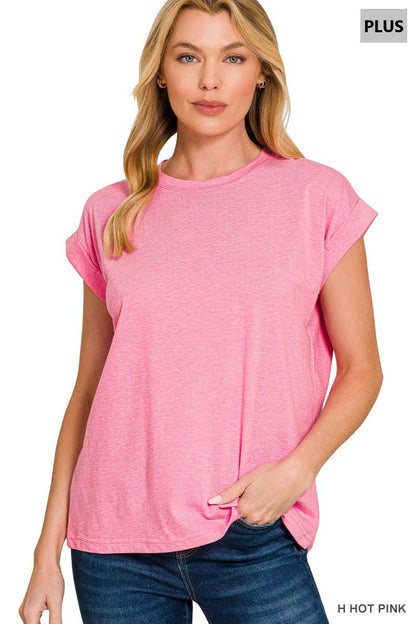 Plus Round Neck Folded Short Sleeve T Shirt