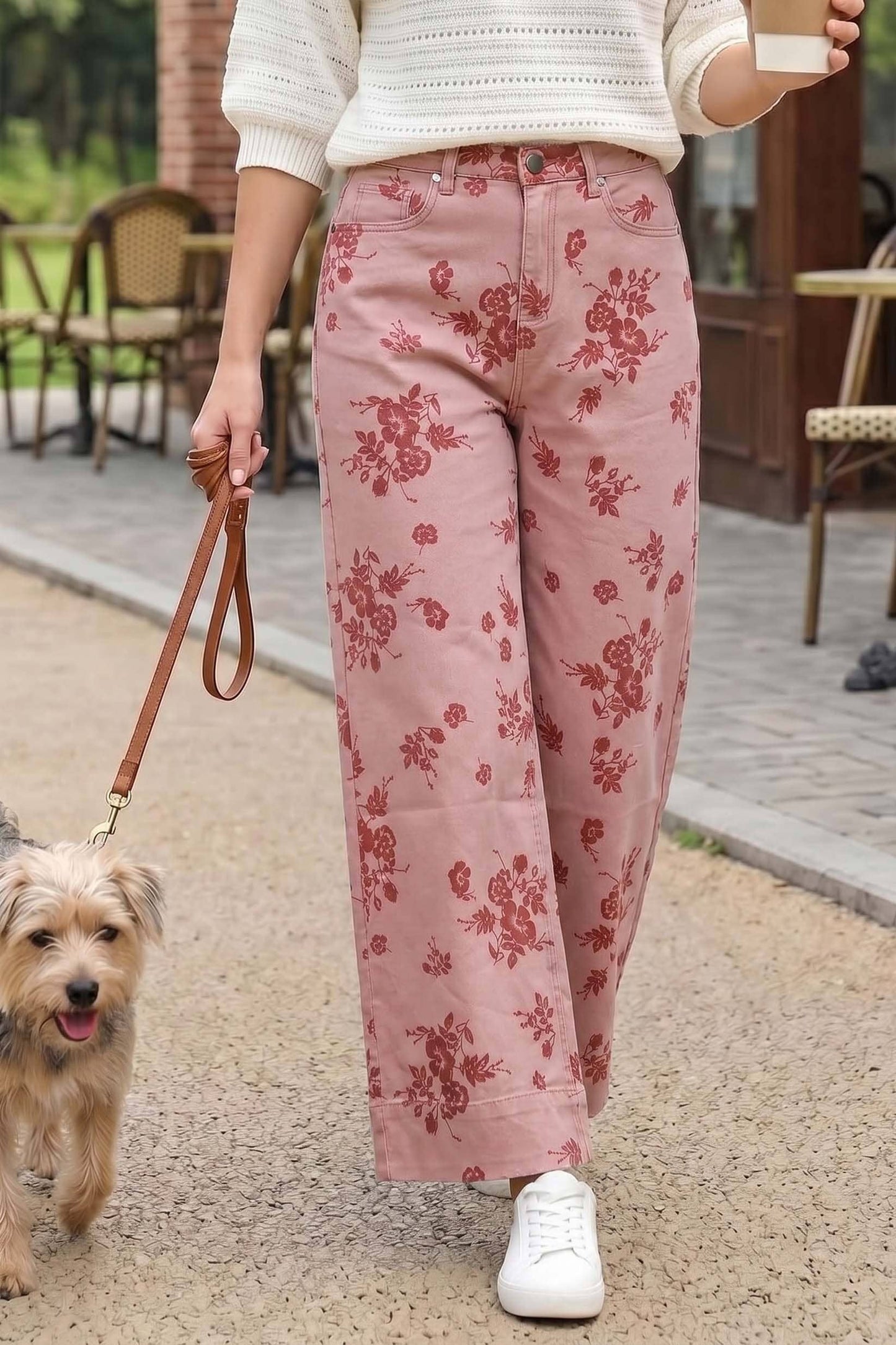 Floral Print Straight Leg Cotton Denim Span Pants