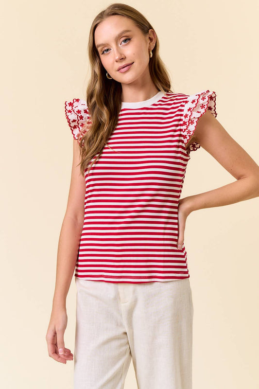LACE RUFFLE CAP SLEEVE STRIPED RIB TOP - 44895T