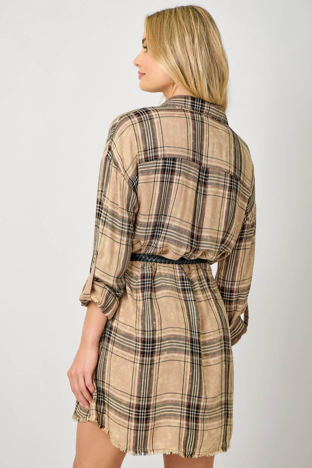 Washed Plaid Shirt Dress - Southern Sassy Boutique