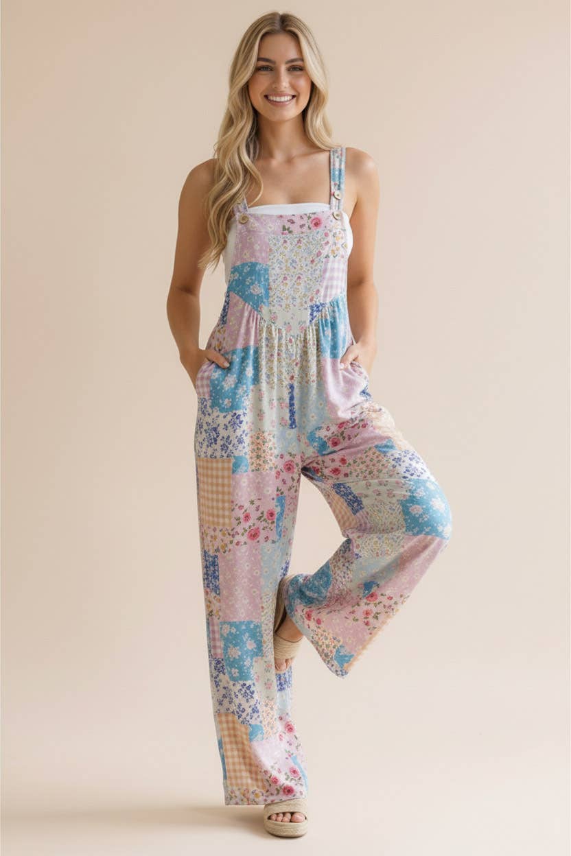 Floral Patchwork Wide Leg Bib Overalls