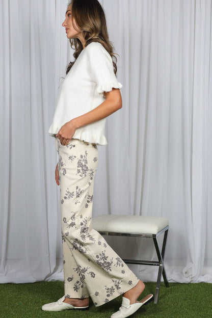 Floral Print Straight Leg Cotton Denim Span Pants