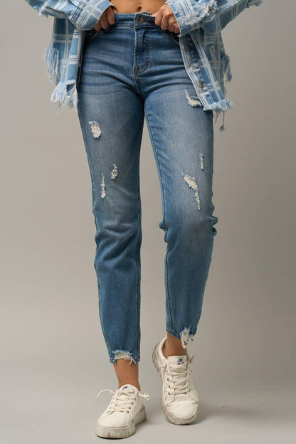 High Stretch Mid Rise Ripped Girlfriend Jeans - Southern Sassy Boutique
