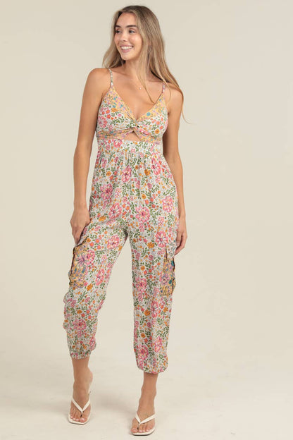 Floral Print Cargo Pocket Jumpsuit