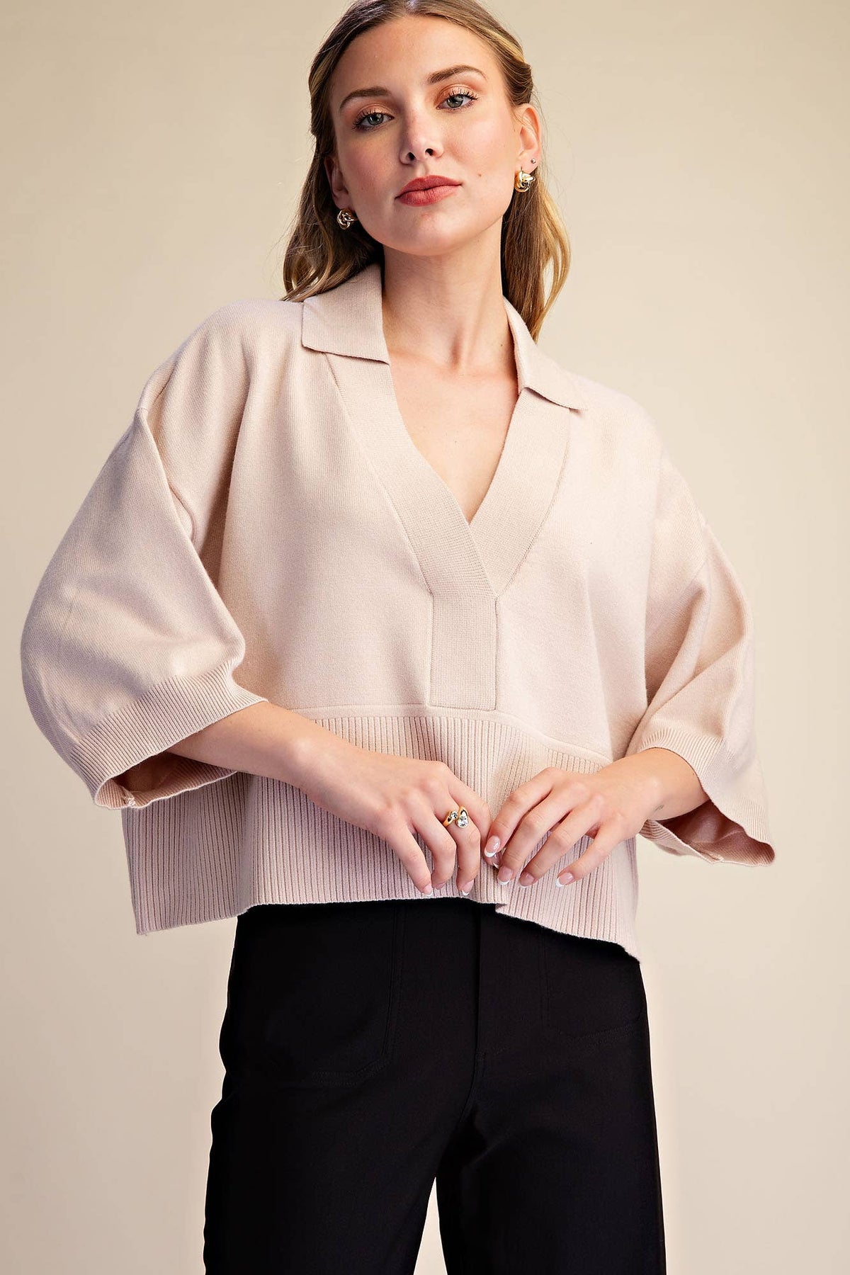 Collar V-Neck Dropped Shoulder Sweater