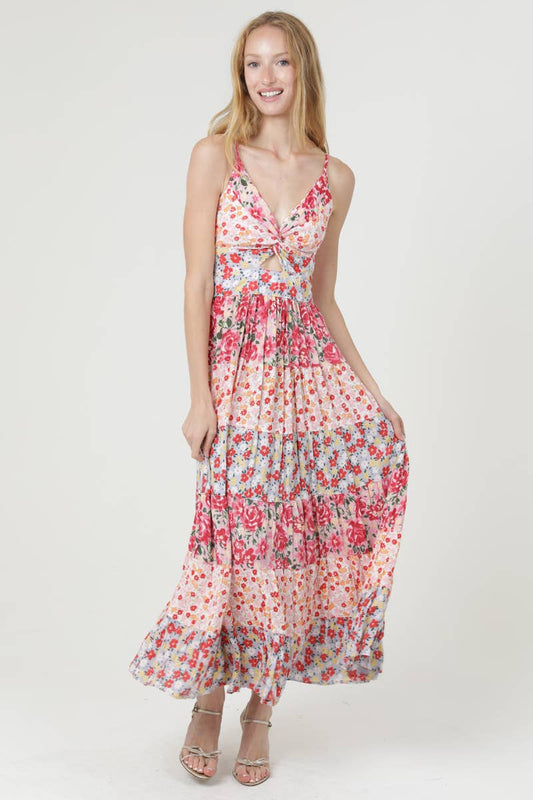 V Neck Twist Front Floral Tiered Maxi Dress
