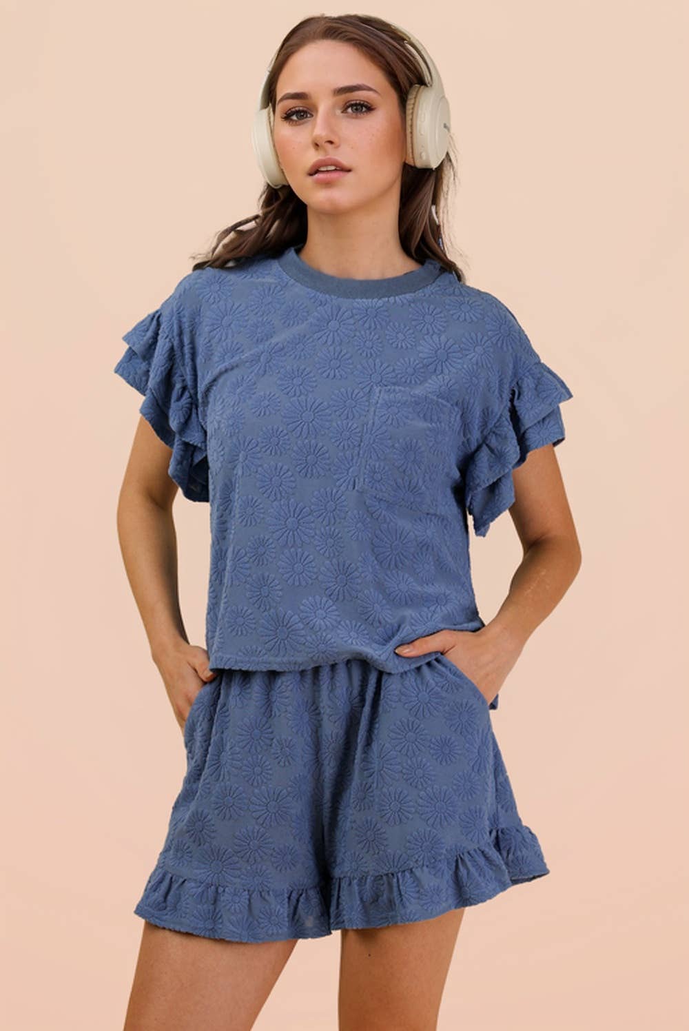 Curvy Floral Textured Knit Top & Shorts Set