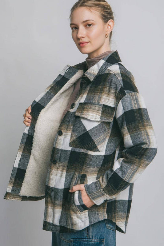 Plaid Button Up Jacket with Sherpa Lining