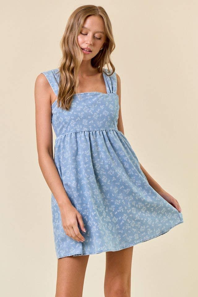 Floral Chambray Denim Mini Dress - Southern Sassy Boutique