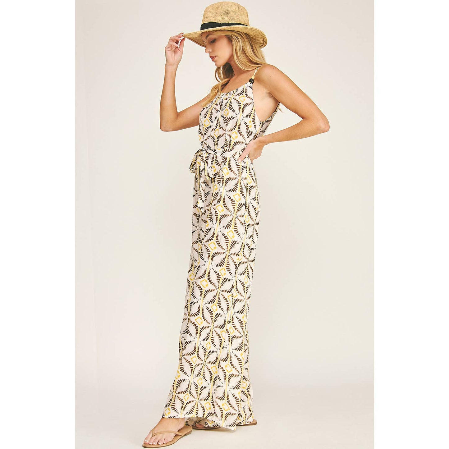 Tie Waist Wide Leg Jumpsuit with Bead Detail