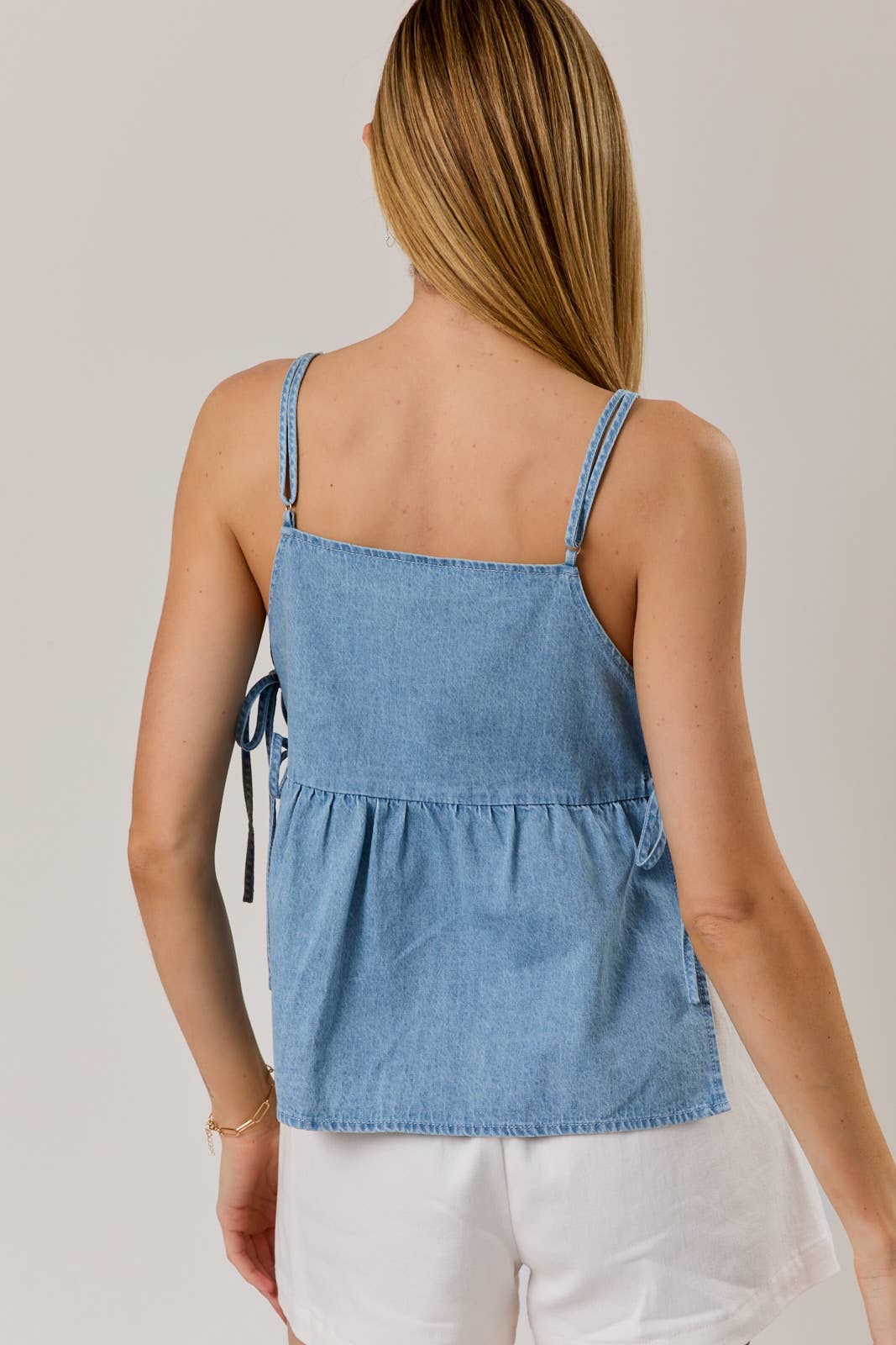 SQUARE NECK SIDE STRAPS LIGHTWEIGHT DENIM TOP