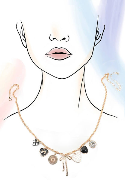 Charm Necklace-Bow Checker Heart Rhinestone