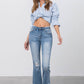Mid Rise Long Bottom Frayed Crop Flare Jeans