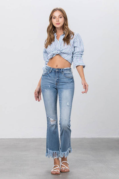 Mid Rise Long Bottom Frayed Crop Flare Jeans - Southern Sassy Boutique