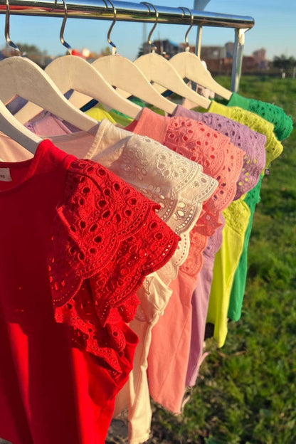 Crew Neck Eyelet Lace Ruffled Sleeve