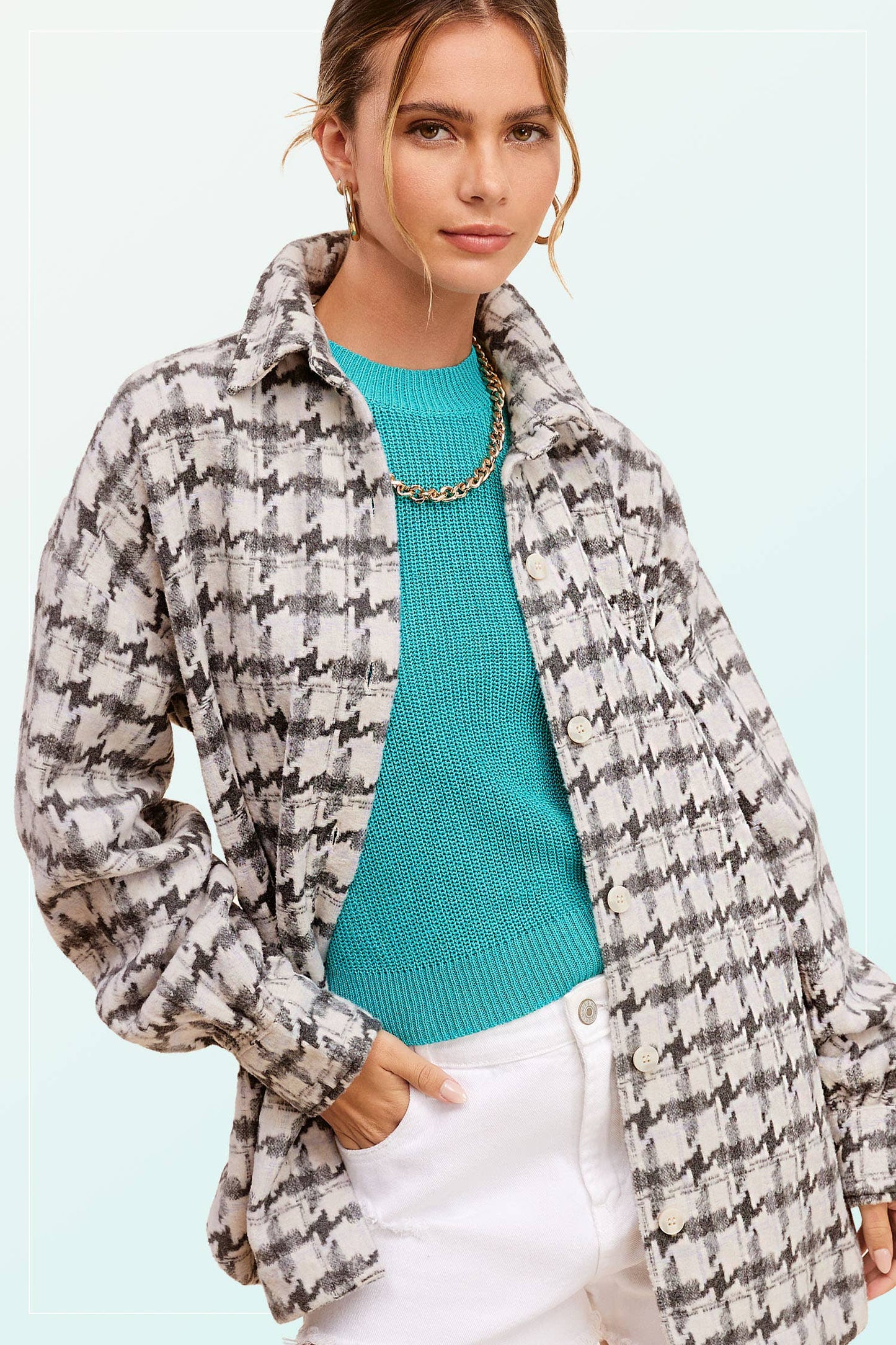 Oversized Houndstooth Patterned Soft Brushed Shacket