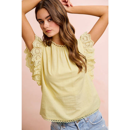 COTTON SOLID RUFFLE SLEEVE LACE DETAIL BLOUSE TOP