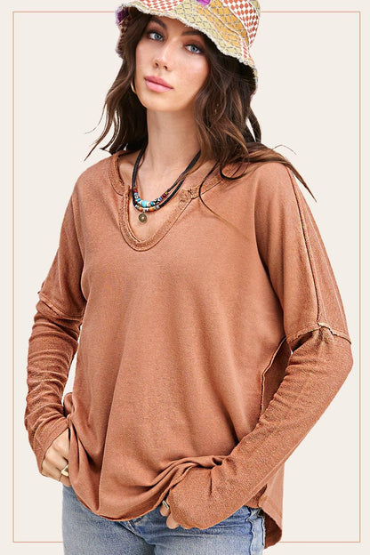 Textured Fabric Contrast Terry Long Sleeve Top - Southern Sassy Boutique