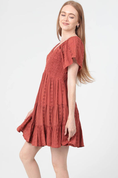 V NECK SMOCKED BODICE EYELET EMBROIDERED DRESS - Southern Sassy Boutique