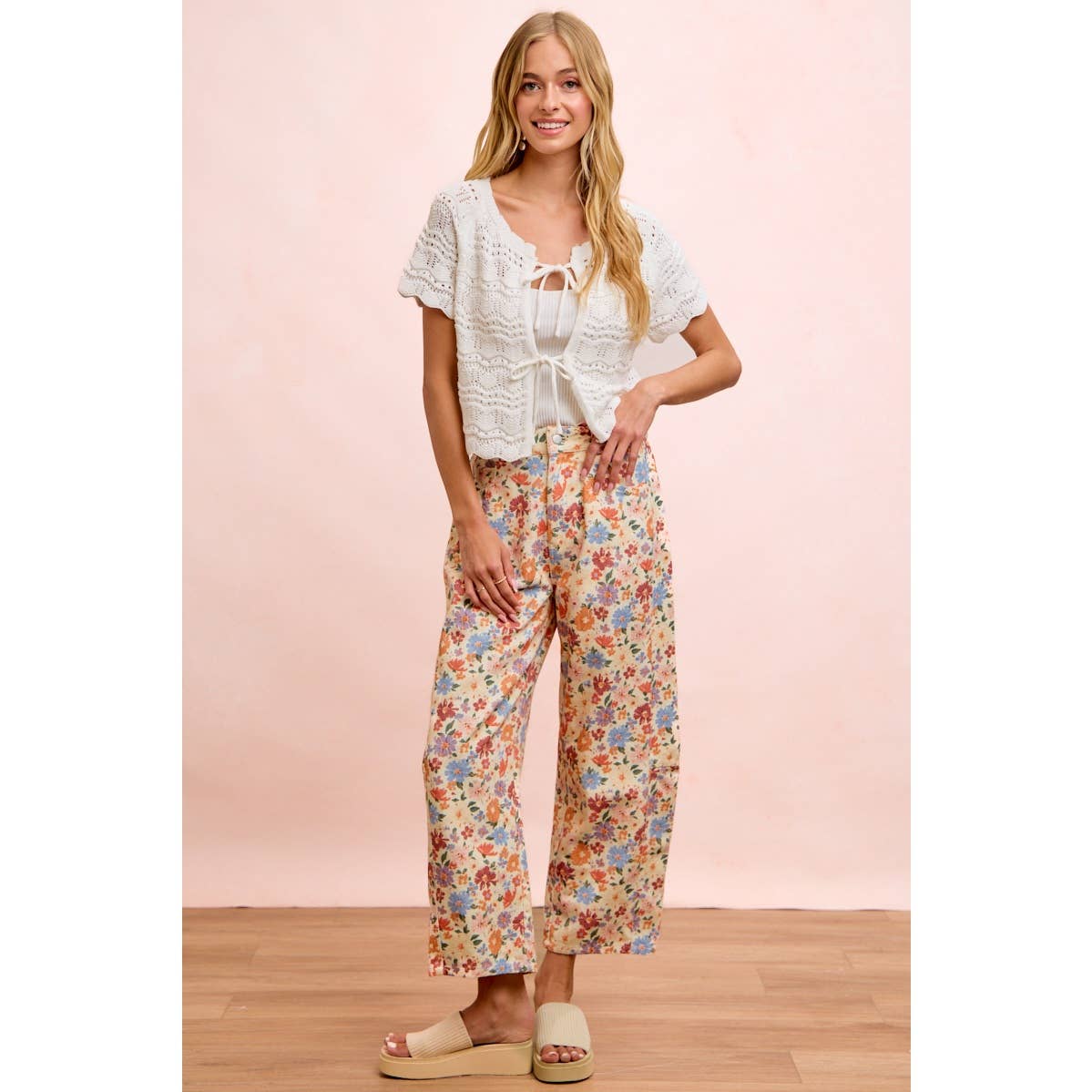 Washed Floral Printed Twill Barrel Pants