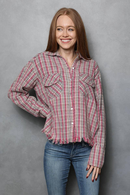 PLAID BUTTON FRONT SHIRT WITH FRAYED HEM - Southern Sassy Boutique