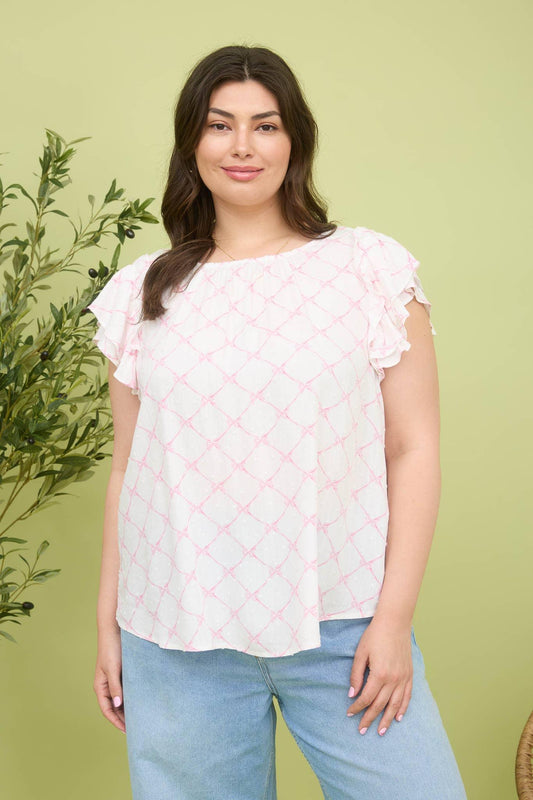 BOW CLIP DOT PATTERN RUFFLE SLEEVE BLOUSE - Southern Sassy Boutique