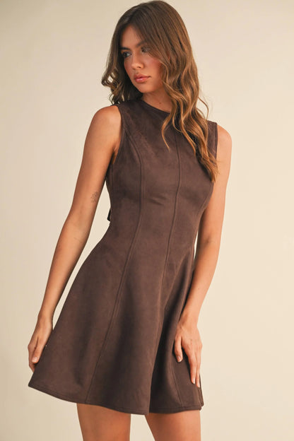 FAUX SUEDE BACKLESS A LINE MINI DRESS - Southern Sassy Boutique
