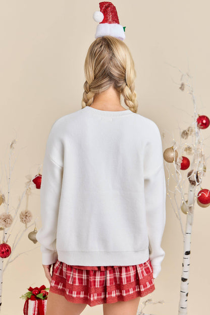 Festive Holiday Falala Embroidered Sweater Knit Top - Southern Sassy Boutique