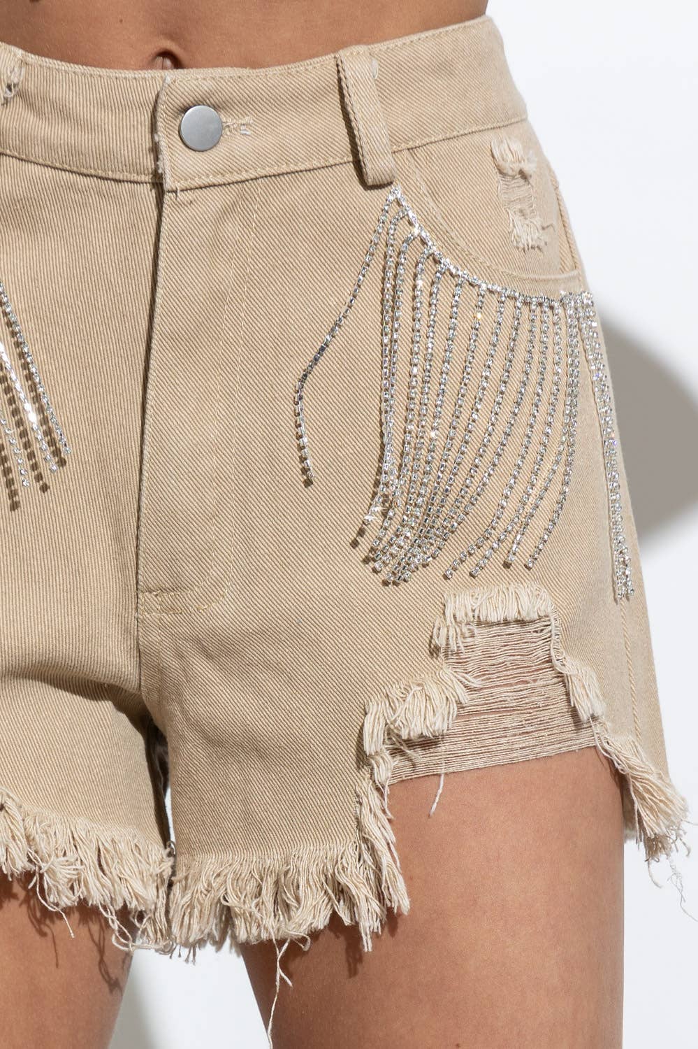 Distressed Frayed Detail Fringe Rhinestone Denim