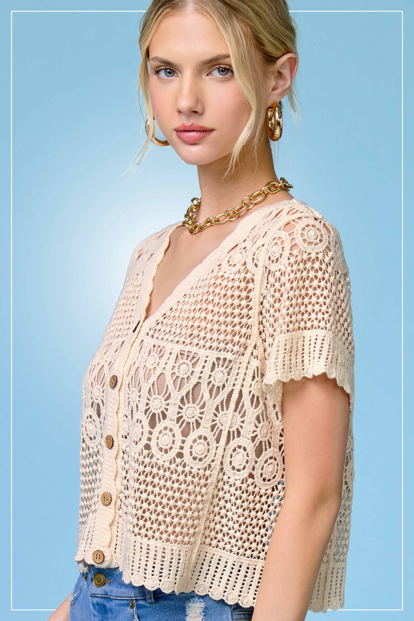 Open Knit Scallop Edge Button Down Cardigan