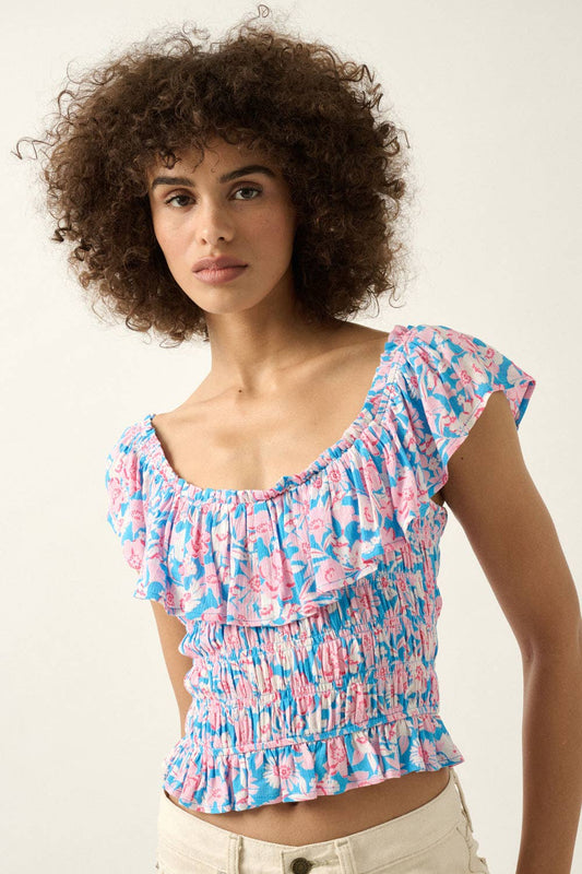 Floral Boat Neck Ruffle Flounce Gathered Blouse