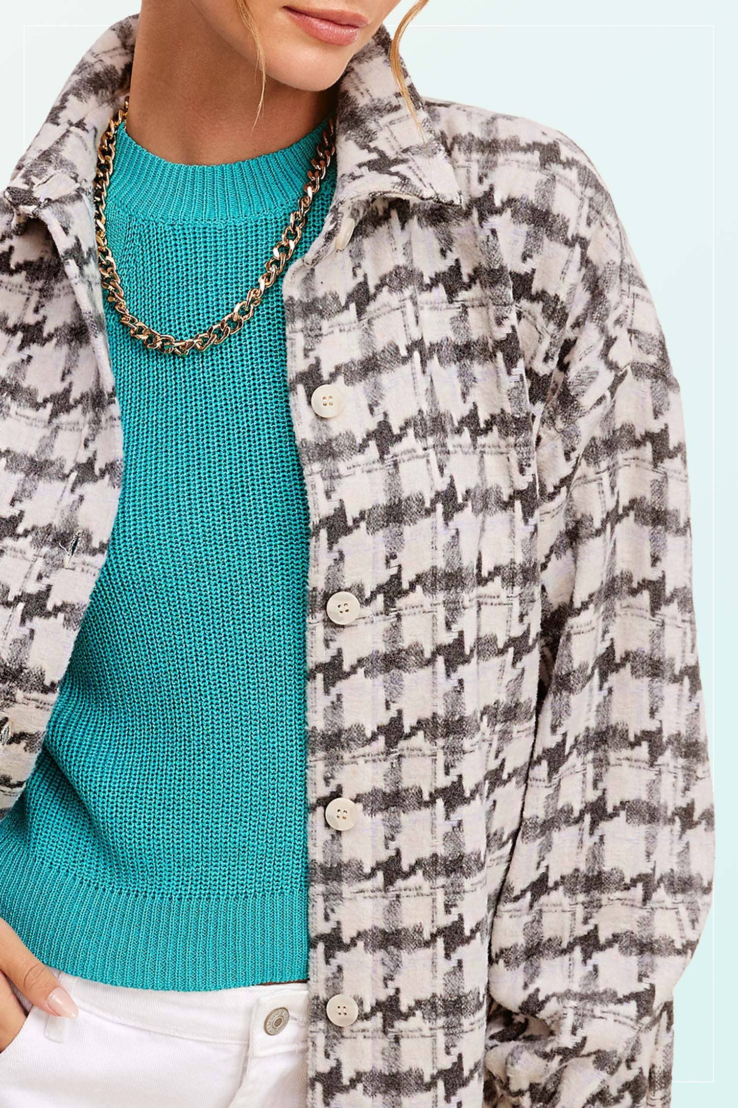 Oversized Houndstooth Patterned Soft Brushed Shacket